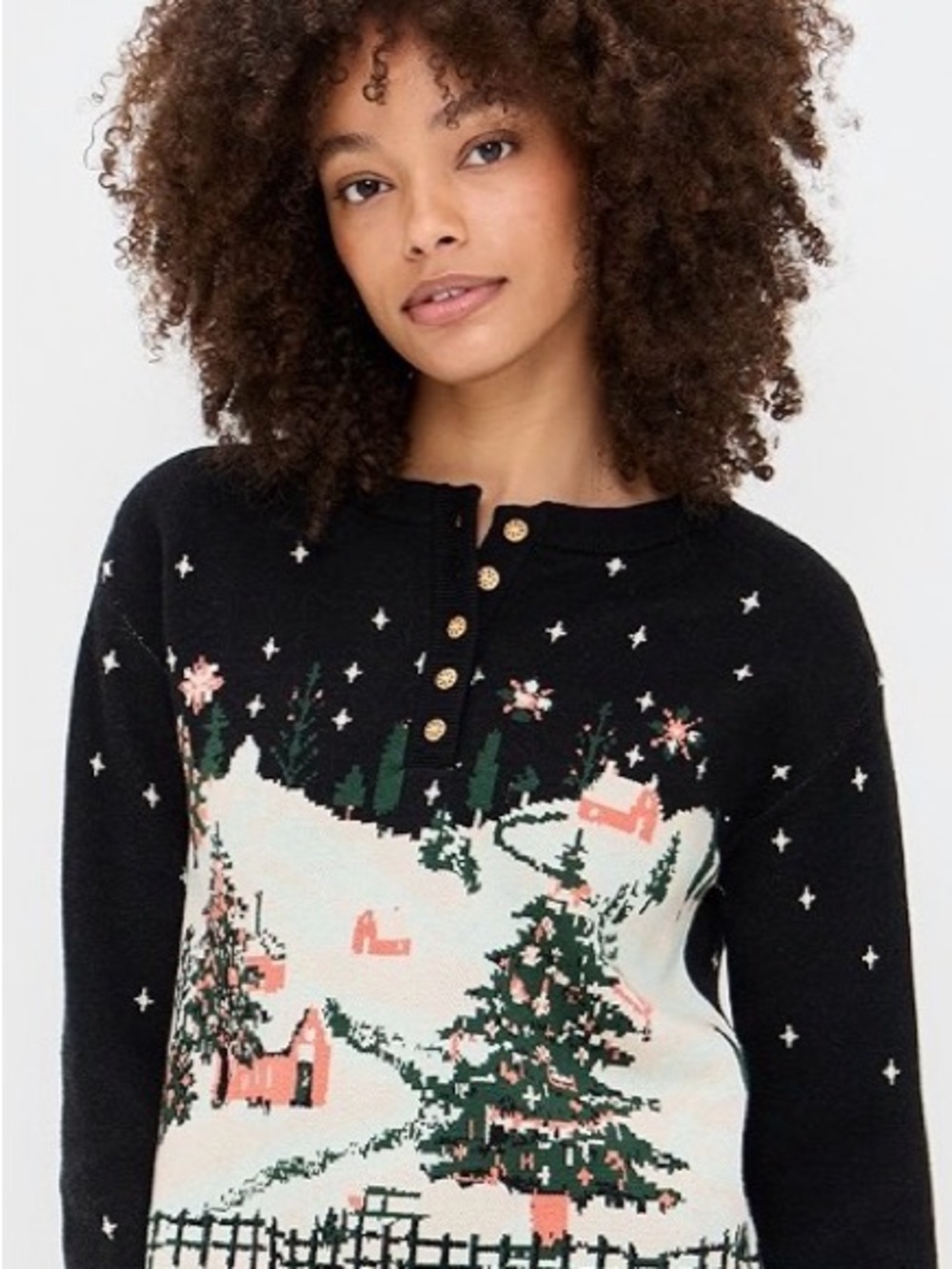 Free People Dream Whispers Black Holiday Snow Scene Henley Pullover